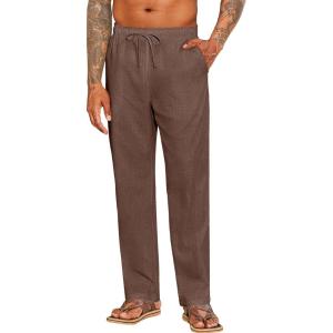 imageCOOFANDY Mens Casual Linen Pants Elastic Waist Drawstring Beach Summer Pants Lightweight Linen TrousersBrown