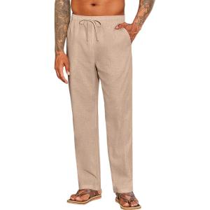 imageCOOFANDY Mens Casual Linen Pants Elastic Waist Drawstring Beach Summer Pants Lightweight Linen TrousersKhaki