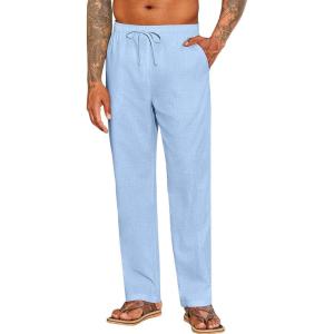 imageCOOFANDY Mens Casual Linen Pants Elastic Waist Drawstring Beach Summer Pants Lightweight Linen TrousersLight Blue