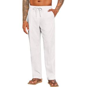 imageCOOFANDY Mens Casual Linen Pants Elastic Waist Drawstring Beach Summer Pants Lightweight Linen TrousersWhite