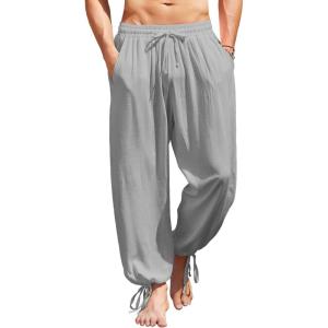 imageCOOFANDY Mens Cotton Linen Harem Pants Drawstring Casual Cropped Trousers Lightweight Loose Beach Yoga Pants with PocketsGrey