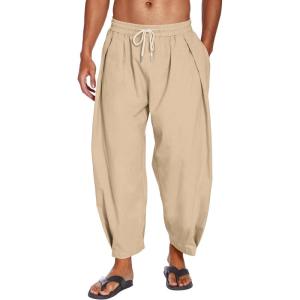 imageCOOFANDY Mens Cotton Linen Harem Pants Drawstring Casual Cropped Trousers Lightweight Loose Beach Yoga Pants with PocketsLight Brown