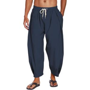 imageCOOFANDY Mens Cotton Linen Harem Pants Drawstring Casual Cropped Trousers Lightweight Loose Beach Yoga Pants with PocketsNavy Blue