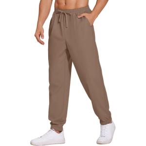 imageCOOFANDY Mens Linen Casual Lightweight Pants Elastic Waist Drawstring Beach Pants with PocketsBrown