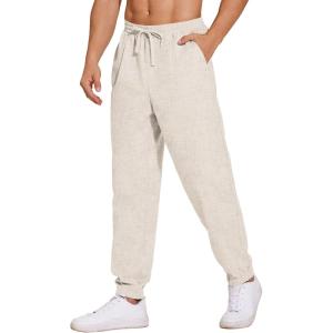 imageCOOFANDY Mens Linen Casual Lightweight Pants Elastic Waist Drawstring Beach Pants with PocketsLinen Khaki