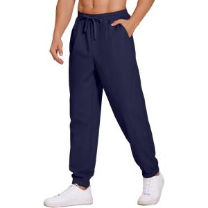 imageCOOFANDY Mens Linen Casual Lightweight Pants Elastic Waist Drawstring Beach Pants with PocketsNavy Blue
