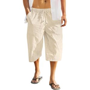 imageCOOFANDY Mens Linen Harem Capri Pants Casual Lightweight Drawstring Yoga Pants Baggy 34 Beach TrousersBeige