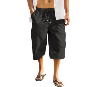 imageCOOFANDY Mens Linen Harem Capri Pants Casual Lightweight Drawstring Yoga Pants Baggy 34 Beach TrousersBlack