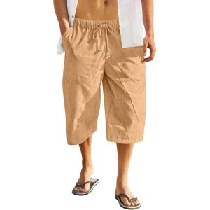 imageCOOFANDY Mens Linen Harem Capri Pants Casual Lightweight Drawstring Yoga Pants Baggy 34 Beach TrousersCamel