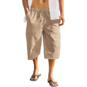imageCOOFANDY Mens Linen Harem Capri Pants Casual Lightweight Drawstring Yoga Pants Baggy 34 Beach TrousersDark Khaki