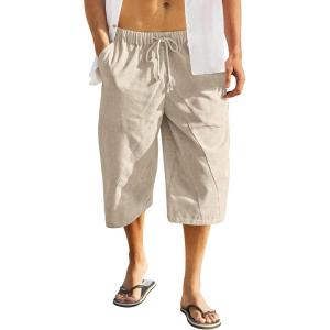 imageCOOFANDY Mens Linen Harem Capri Pants Casual Lightweight Drawstring Yoga Pants Baggy 34 Beach TrousersKhaki