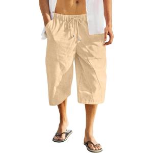 imageCOOFANDY Mens Linen Harem Capri Pants Casual Lightweight Drawstring Yoga Pants Baggy 34 Beach TrousersLight Khaki