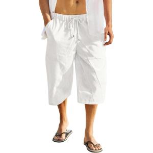 imageCOOFANDY Mens Linen Harem Capri Pants Casual Lightweight Drawstring Yoga Pants Baggy 34 Beach TrousersWhite