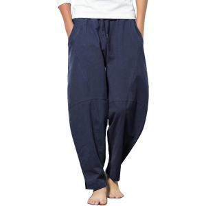 imageCOOFANDY Mens Linen Harem Drawstring Pants Casual Elastic Waist Lightweight Trouser Hippie Summer Beach Yoga PantsNavy Blue