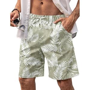 imageCOOFANDY Mens Linen Shorts Elastic Waist Drawstring Casual Summer Beach ShortsAgreenpalm Leaf
