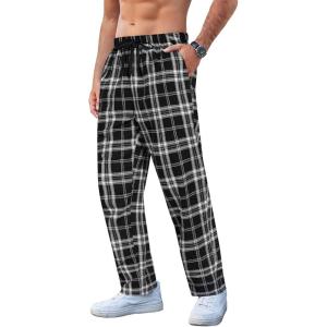 imageCOOFANDY Mens Plaid Casual Pants Soft Cotton Pajama Pants Drawstring Checkered Lounge Sweatpant with PocketsBlack White Grey Plaid