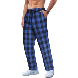 imageCOOFANDY Mens Plaid Casual Pants Soft Cotton Pajama Pants Drawstring Checkered Lounge Sweatpant with PocketsBlue Black Plaid