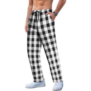 imageCOOFANDY Mens Plaid Casual Pants Soft Cotton Pajama Pants Drawstring Checkered Lounge Sweatpant with PocketsGray Black White Plaid