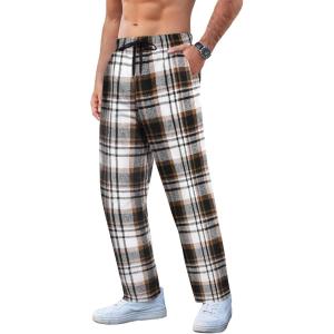 imageCOOFANDY Mens Plaid Casual Pants Soft Cotton Pajama Pants Drawstring Checkered Lounge Sweatpant with PocketsKhaki Black White Plaid Heavyweight