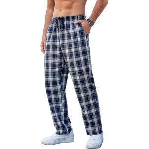 imageCOOFANDY Mens Plaid Casual Pants Soft Cotton Pajama Pants Drawstring Checkered Lounge Sweatpant with PocketsNavy White Plaid