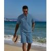 imageCOOFANDY Mens 2 Piece Cotton Linen Sets Summer Beach Outfits Casual Short Sleeve Henley Shirts and Vacation ShortsDenim Blue