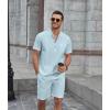 imageCOOFANDY Mens 2 Piece Cotton Linen Sets Summer Beach Outfits Casual Short Sleeve Henley Shirts and Vacation ShortsLight Blue