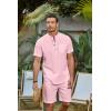 imageCOOFANDY Mens 2 Piece Cotton Linen Sets Summer Beach Outfits Casual Short Sleeve Henley Shirts and Vacation ShortsLight Pink