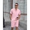 imageCOOFANDY Mens 2 Piece Cotton Linen Sets Summer Beach Outfits Casual Short Sleeve Henley Shirts and Vacation ShortsLight Pink