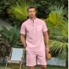 imageCOOFANDY Mens 2 Piece Cotton Linen Sets Summer Beach Outfits Casual Short Sleeve Henley Shirts and Vacation ShortsLight Pink