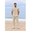 imageCOOFANDY Mens 2 Piece Cotton Sets Casual Short Sleeve Henley Shirts and Beach Pants with Pockets Summer Vacation OutfitsLight Khaki