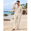 imageCOOFANDY Mens 2 Piece Linen Set Long Sleeve Henley Shirts Casual Beach Pants With Pockets Summer Yoga OutfitsBeige