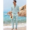 imageCOOFANDY Mens 2 Piece Linen Set Long Sleeve Henley Shirts Casual Beach Pants With Pockets Summer Yoga OutfitsBlue Green