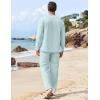 imageCOOFANDY Mens 2 Piece Linen Set Long Sleeve Henley Shirts Casual Beach Pants With Pockets Summer Yoga OutfitsBlue Green