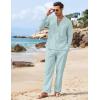 imageCOOFANDY Mens 2 Piece Linen Set Long Sleeve Henley Shirts Casual Beach Pants With Pockets Summer Yoga OutfitsBlue Green