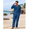 imageCOOFANDY Mens 2 Piece Linen Set Long Sleeve Henley Shirts Casual Beach Pants With Pockets Summer Yoga OutfitsDenim Blue
