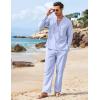 imageCOOFANDY Mens 2 Piece Linen Set Long Sleeve Henley Shirts Casual Beach Pants With Pockets Summer Yoga OutfitsLight Blue