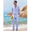 imageCOOFANDY Mens 2 Piece Linen Set Long Sleeve Henley Shirts Casual Beach Pants With Pockets Summer Yoga OutfitsLight Blue