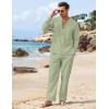 imageCOOFANDY Mens 2 Piece Linen Set Long Sleeve Henley Shirts Casual Beach Pants With Pockets Summer Yoga OutfitsLight Green
