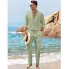 imageCOOFANDY Mens 2 Piece Linen Set Long Sleeve Henley Shirts Casual Beach Pants With Pockets Summer Yoga OutfitsLight Green