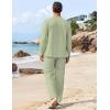 imageCOOFANDY Mens 2 Piece Linen Set Long Sleeve Henley Shirts Casual Beach Pants With Pockets Summer Yoga OutfitsLight Green