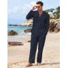 imageCOOFANDY Mens 2 Piece Linen Set Long Sleeve Henley Shirts Casual Beach Pants With Pockets Summer Yoga OutfitsNavy Blue