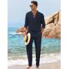 imageCOOFANDY Mens 2 Piece Linen Set Long Sleeve Henley Shirts Casual Beach Pants With Pockets Summer Yoga OutfitsNavy Blue
