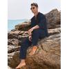 imageCOOFANDY Mens 2 Piece Linen Set Long Sleeve Henley Shirts Casual Beach Pants With Pockets Summer Yoga OutfitsNavy Blue