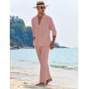 imageCOOFANDY Mens 2 Piece Linen Set Long Sleeve Henley Shirts Casual Beach Pants With Pockets Summer Yoga OutfitsPink