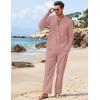 imageCOOFANDY Mens 2 Piece Linen Set Long Sleeve Henley Shirts Casual Beach Pants With Pockets Summer Yoga OutfitsPink