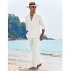 imageCOOFANDY Mens 2 Piece Linen Set Long Sleeve Henley Shirts Casual Beach Pants With Pockets Summer Yoga OutfitsWhite