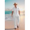 imageCOOFANDY Mens 2 Pieces Cotton Linen Set Casual Short Sleeve Henley Shirts Beach Yoga Pants Summer OutfitsAll White