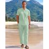 imageCOOFANDY Mens 2 Pieces Cotton Linen Set Casual Short Sleeve Henley Shirts Beach Yoga Pants Summer OutfitsGreen