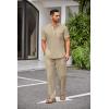 imageCOOFANDY Mens 2 Pieces Cotton Linen Set Casual Short Sleeve Henley Shirts Beach Yoga Pants Summer OutfitsKhaki