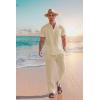 imageCOOFANDY Mens 2 Pieces Cotton Linen Set Casual Short Sleeve Henley Shirts Beach Yoga Pants Summer OutfitsLight Khaki